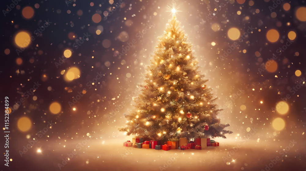 Christmas Tree Magic:  A majestic Christmas tree glows with warm lights, surrounded by presents and sparkling snowflakes, creating an enchanting winter wonderland scene.  
