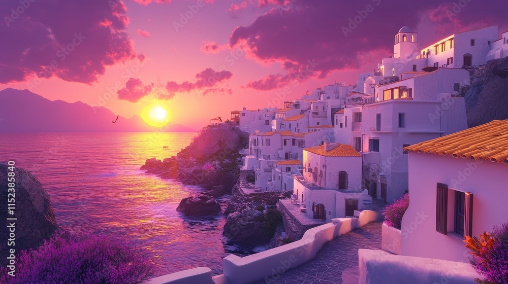 Fototapeta premium A beautiful coastal town is illuminated by a stunning pink and purple sunset. White buildings with yellow roofs stand out against the backdrop of serene seaside surroundings