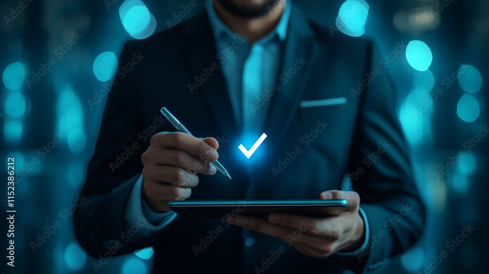 A corporate professional in a dark business suit, facing directly forward, holding a digital tablet A corporate professional in a dark business suit, facing directly forward, holding a digital tablet