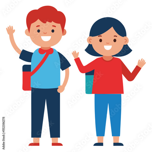 Boy and girl with man and woman standing together as a family with love and fun in a cartoon illustration of children and parents at school