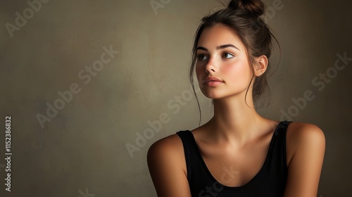 A woman poses on a minimalistic background