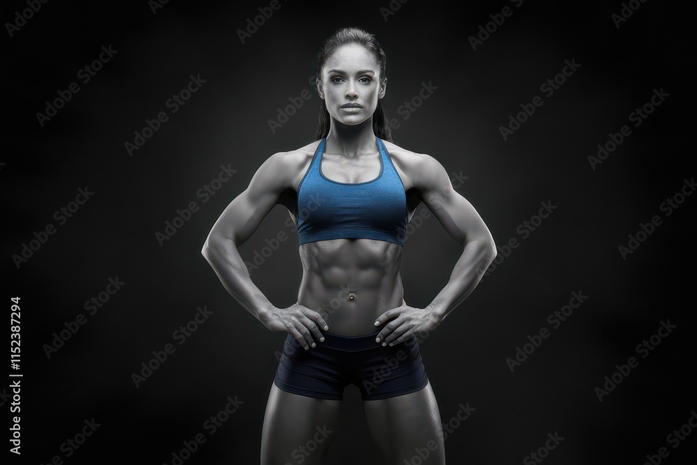 Obraz premium An attractive female bodybuilder or athlete wearing a blue two piece sport clothing standing on feet shoulder width apart and looking into the camera confidently