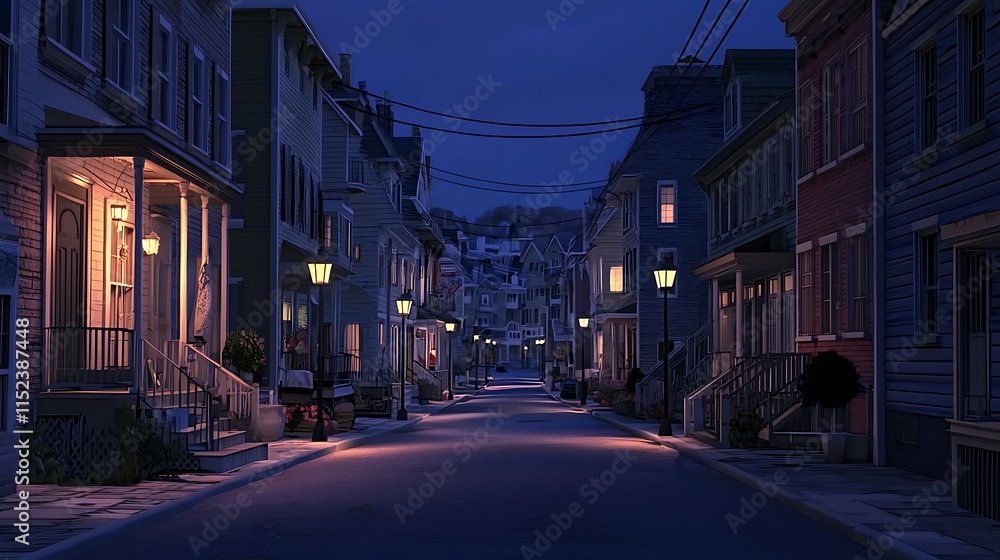 Nighttime Street Scene Residential Houses Illuminated Nighttime Street Scene Residential Houses Illuminated