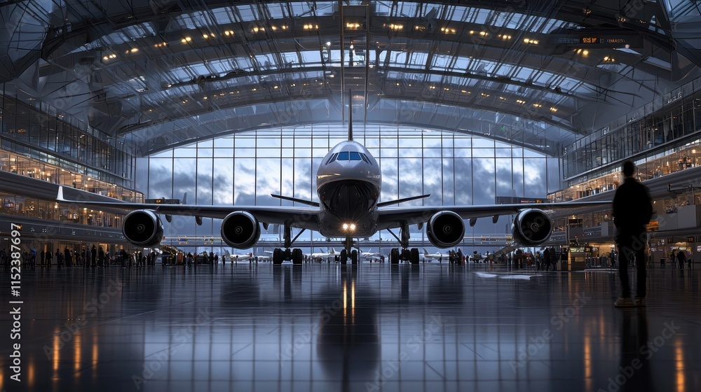 Obraz premium A large airplane is parked in a large hangar with a man standing in front of it