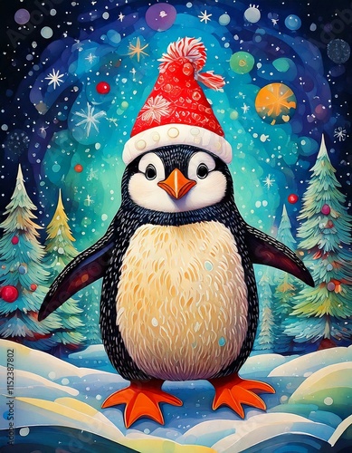 A Bubbly penguin with a Christmas hat on dancing in the snow