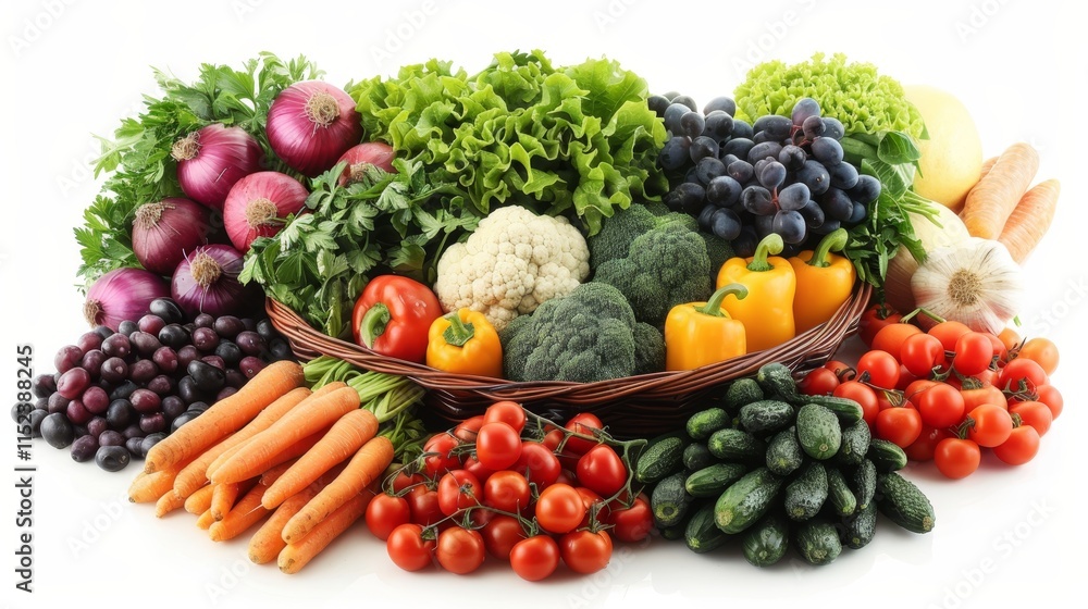 Fresh vegetables and fruits arranged in a colorful display on a white background Fresh vegetables and fruits arranged in a colorful display on a white background