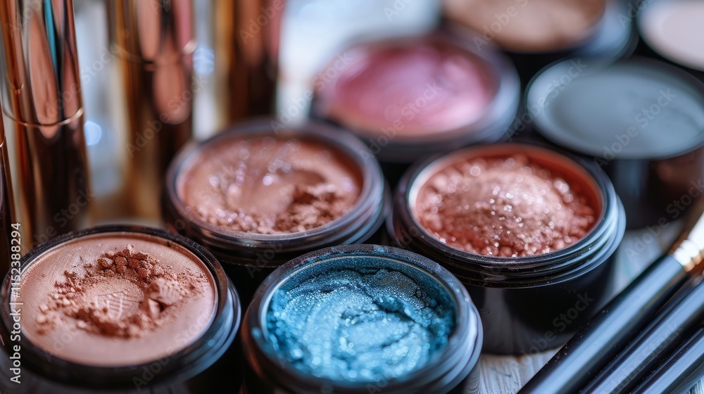 Makeup products arranged on a wooden surface in a beauty setting during daylight hours Makeup products arranged on a wooden surface in a beauty setting during daylight hours
