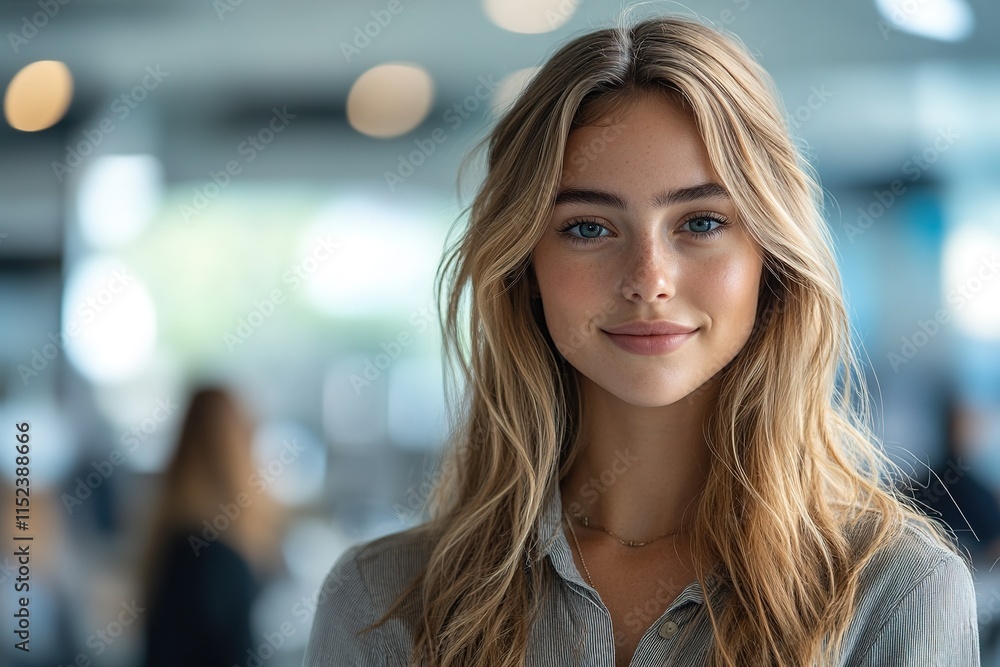 Obraz premium Smiling young woman with long hair, bright eyes, and soft lighti