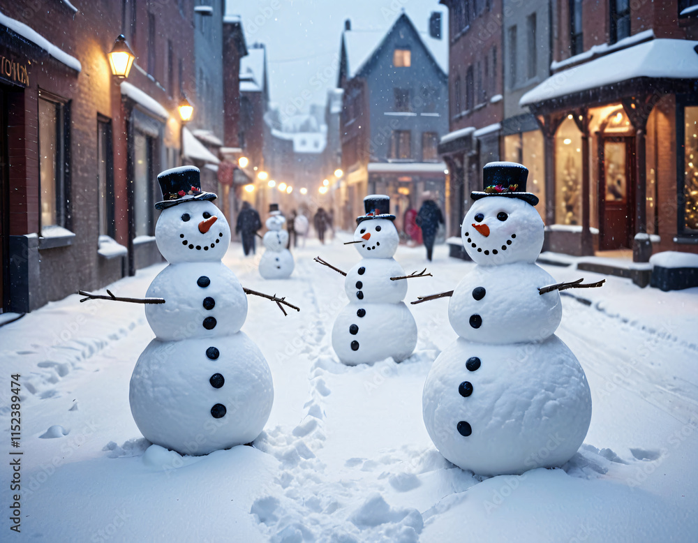Obraz premium Funny pretty snowmen on a snowy street.