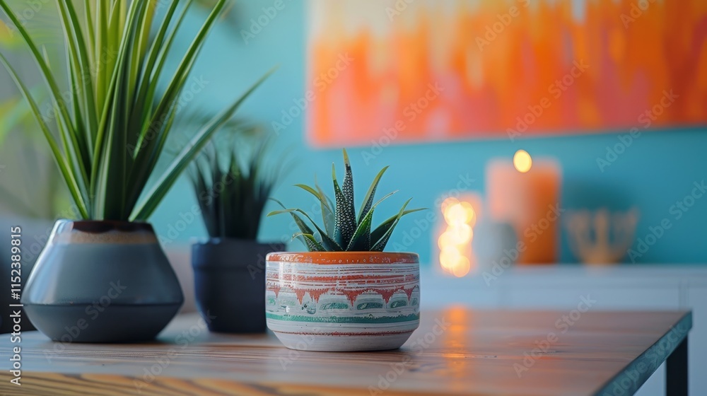 Fototapeta premium Decorative indoor plants on a wooden table with vibrant artwork and candles in a cozy living room setting