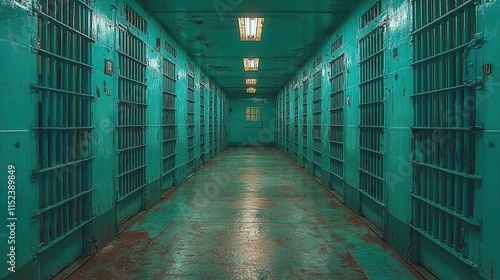 Wallpaper Mural Dimly lit abandoned prison corridor with rusty teal cell doors Torontodigital.ca