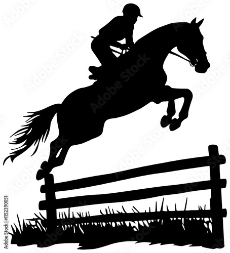 Silhouette of a horse and rider jumping a fence, isolated 