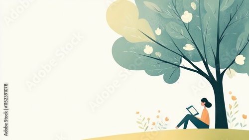 Peaceful reading under a tree on a sunny day - nature relaxation concept for tranquil moments