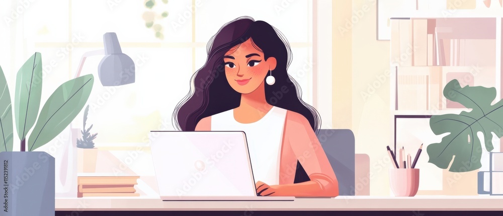 woman using laptop at desk with plants and office supplies woman using laptop at desk with plants and office supplies