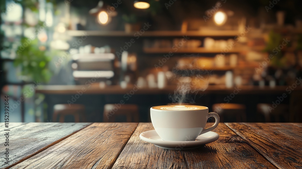 steaming cup of coffee on a wooden table in a cozy cafe steaming cup of coffee on a wooden table in a cozy cafe