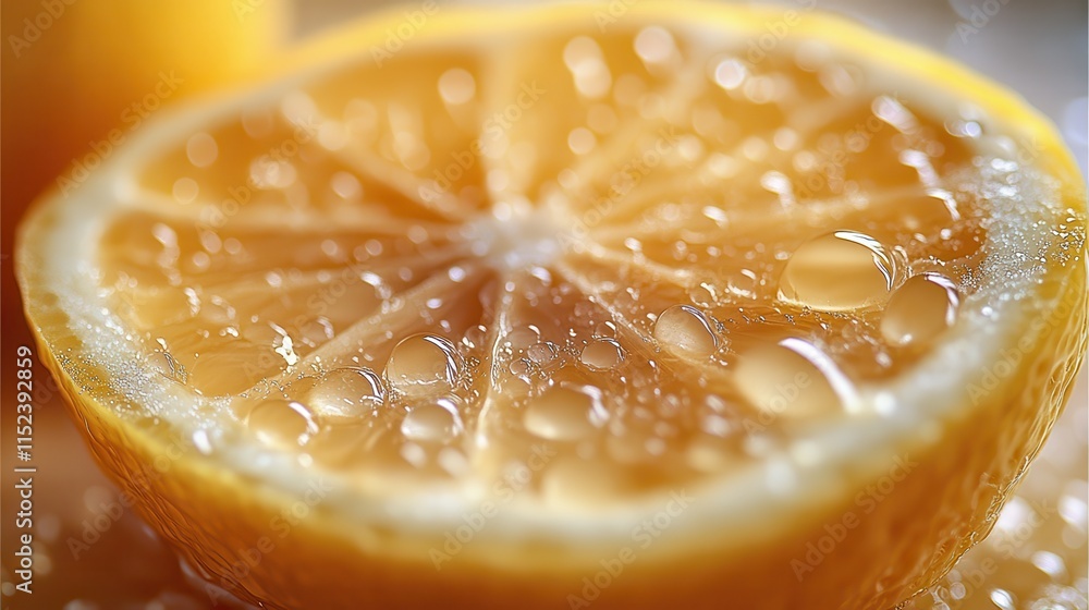Close-up of a sliced lemon, droplets of juice glistening, with a soft focus on the background for a fresh feel. Close-up of a sliced lemon, droplets of juice glistening, with a soft focus on the background for a fresh feel.