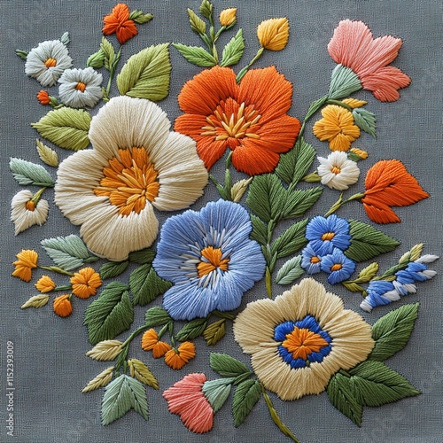 Wallpaper Mural Detailed Embroidered Floral Bouquet with Multicolored Flowers and Green Leaves on White Background Torontodigital.ca