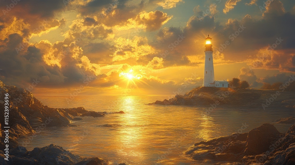 Fototapeta premium Coastal scene with a lighthouse reflecting in calm waters, framed by rocky shorelines and soft golden light.
