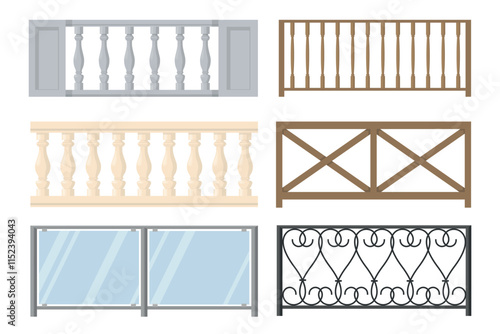 Set of balustrades, fences, balconies in cartoon style. Vector illustration of stone balustrades with balusters of different shapes, wooden fence, wrought iron railings, isolated on white background.