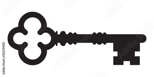 A simple, elegant silhouette of an ornate key, perfect for representing security, unlocking, or vintage themes.