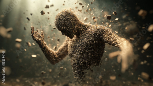 Abstract human figure disintegrating into particles under dramatic lighting