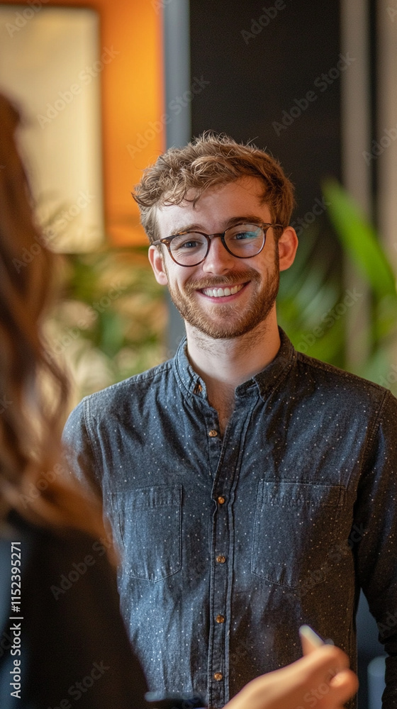Naklejka premium Photo Description: Collaborating successfully with a new person, exchanging smiles