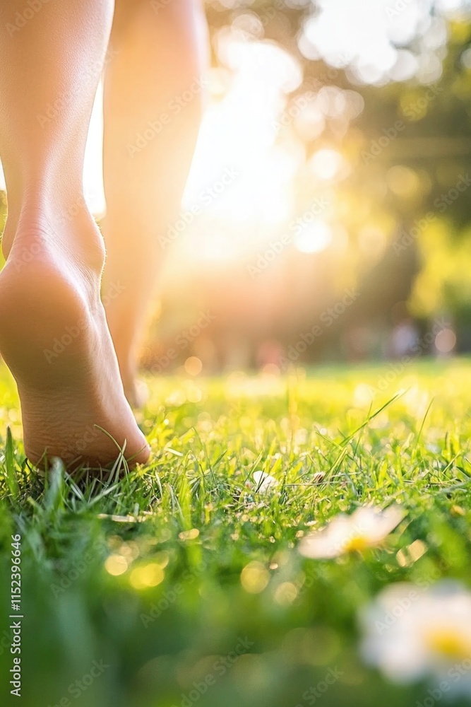 Peaceful summer stroll in a sunlit garden scene with barefoot relaxation Peaceful summer stroll in a sunlit garden scene with barefoot relaxation