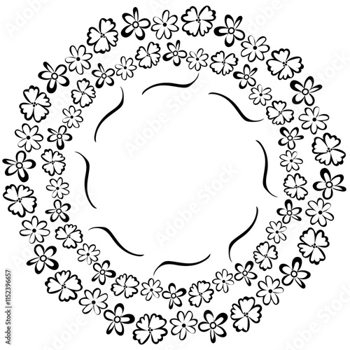 Beautiful black frame in the form of a floral pattern arranged in a circle on a white background