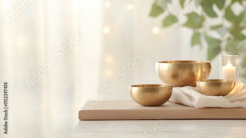 Tranquil meditation scene with golden singing bowls and candlelight for mindfulness and relaxation