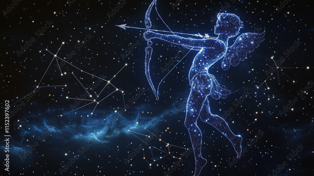 Cupid shooting his arrow in a breathtaking night sky filled with countless stars Cupid shooting his arrow in a breathtaking night sky filled with countless stars