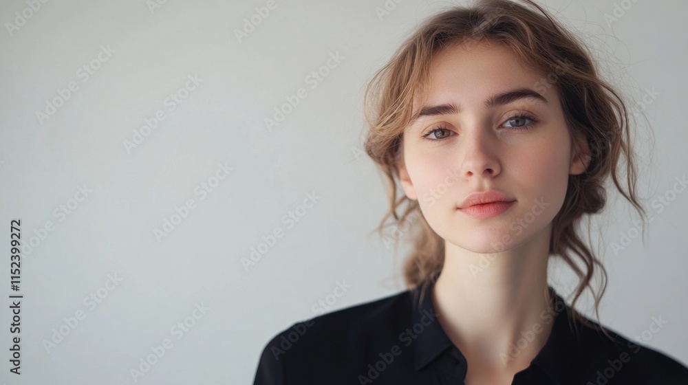 Portrait of a young woman with natural makeup and soft curly hair wearing a black shirt against a plain light background