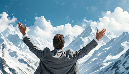 A man in a jacket stands with his hands raised against the backdrop of snowy peaks of mountains