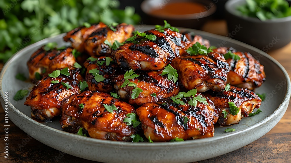 Grilled chicken pieces with barbecue sauce and parsley garnish on a plate. Grilled chicken pieces with barbecue sauce and parsley garnish on a plate.