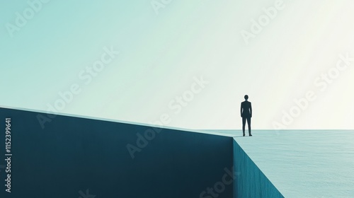 Silhouette of a man standing on the edge of a geometric blue platform under a gradient sky