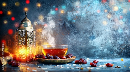 Ramadan Table with Glowing Lantern and Dates Bowl photo