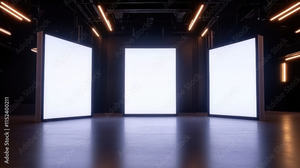 Three large, bright, rectangular light panels illuminate a dark, empty room with a concrete floor and metallic accents