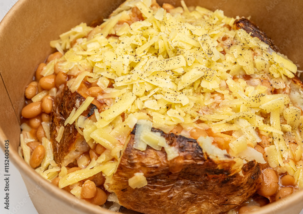 Oven-baked jacket potato recipes with cheese, chicken, tuna mayo, baked beans, red chillies, close up with white background. Oven-baked jacket potato recipes with cheese, chicken, tuna mayo, baked beans, red chillies, close up with white background.
