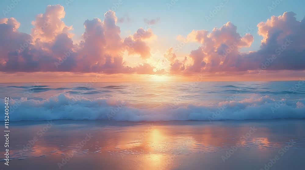 Serene sunrise over calm ocean waves with pastel clouds reflecting on wet sand. Serene sunrise over calm ocean waves with pastel clouds reflecting on wet sand.