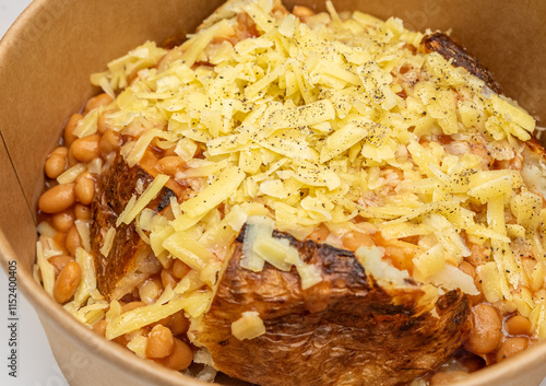 Oven-baked jacket potato recipes with cheese, chicken, tuna mayo, baked beans, red chillies, close up with white background. 