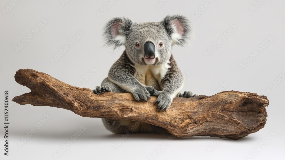Fototapeta premium A koala sits on a branch against a white background