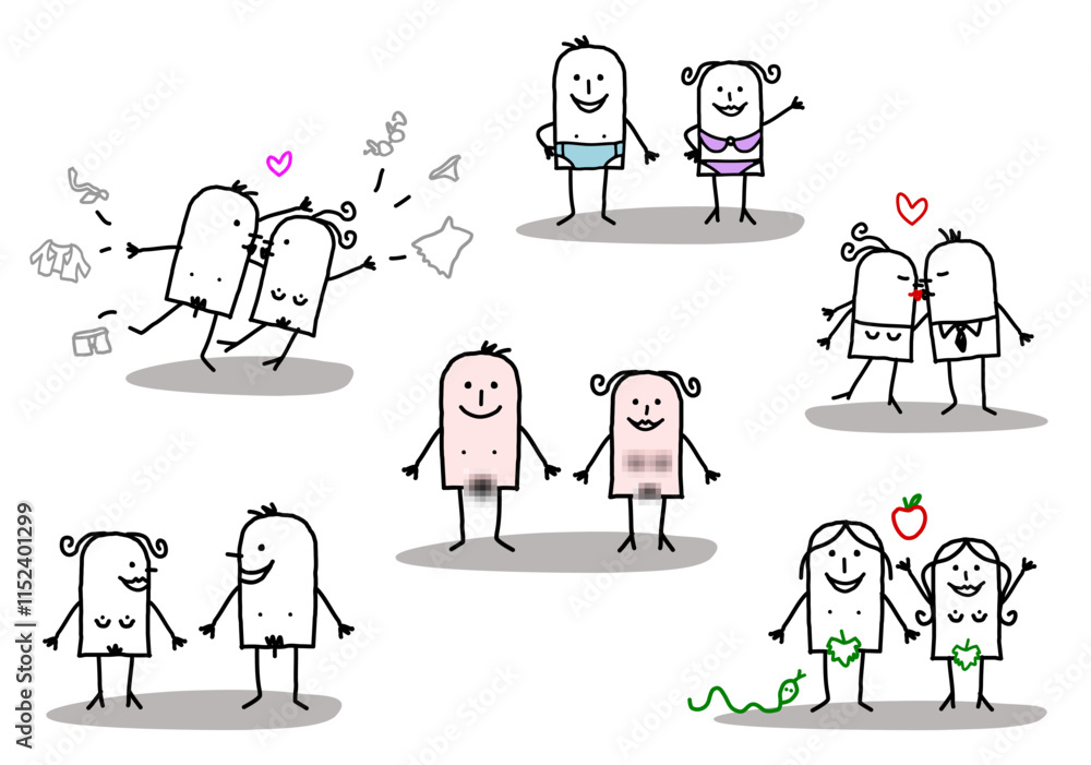 Set of 6 illustrations - Hand drawn cartoon stick characters - natural human men and women with nudity, love, kiss and religion Set of 6 illustrations - Hand drawn cartoon stick characters - natural human men and women with nudity, love, kiss and religion