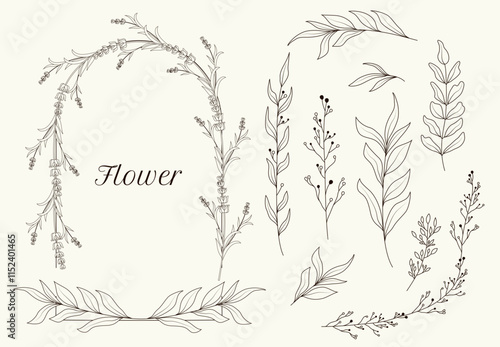 Boho. Floral. Frame and decoration. Single line art. Minimalistic herbal botanical set. Border. Collection trendy hand drawn flowers. Single clip art. Silhouette. Elements. Cut out. Circles. 