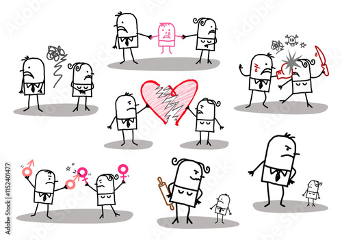 Set of 7 illustrations - Hand drawn cartoon stick characters - fighting couples and divorce, sadness, harassment, violence, domination