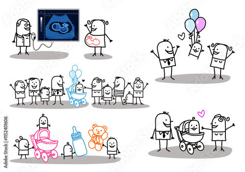 Set of 5 illustrations - Hand drawn cartoon stick characters - parents and family celebrating new born babies, with balloons, toys, pram, ultrasound and pregnant woman