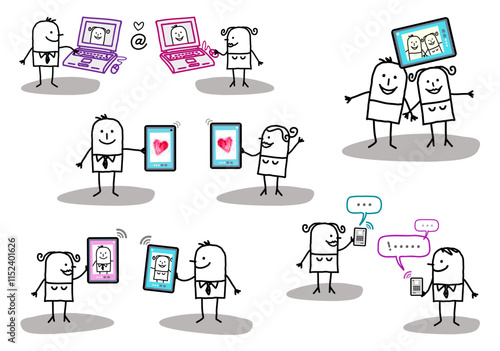 Set of 5 illustrations - Hand drawn cartoon stick characters - Couples meeting, dating - communication and love with internet