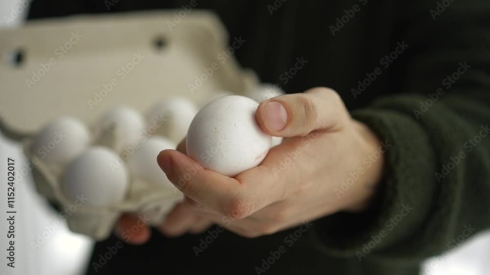 A round chicken egg in the hands of a man, close-up A round chicken egg in the hands of a man, close-up