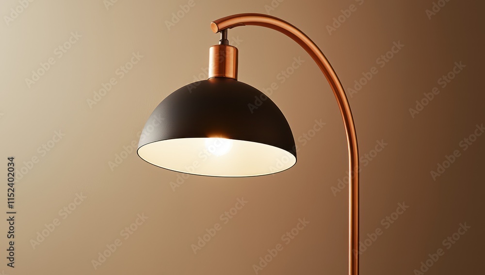 A warm copper floor lamp with an arched arm and a dome-shaped matte black shade centered on a neutral taupe