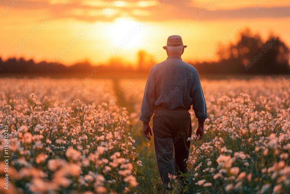 person walking through field at sunset person walking through field at sunset