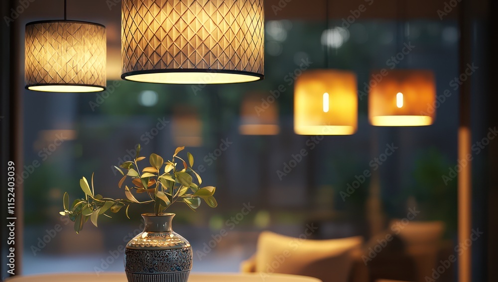 A warm modern living space with pendant lights and lamps creating soft ambiance The highlight is a hanging lamp with