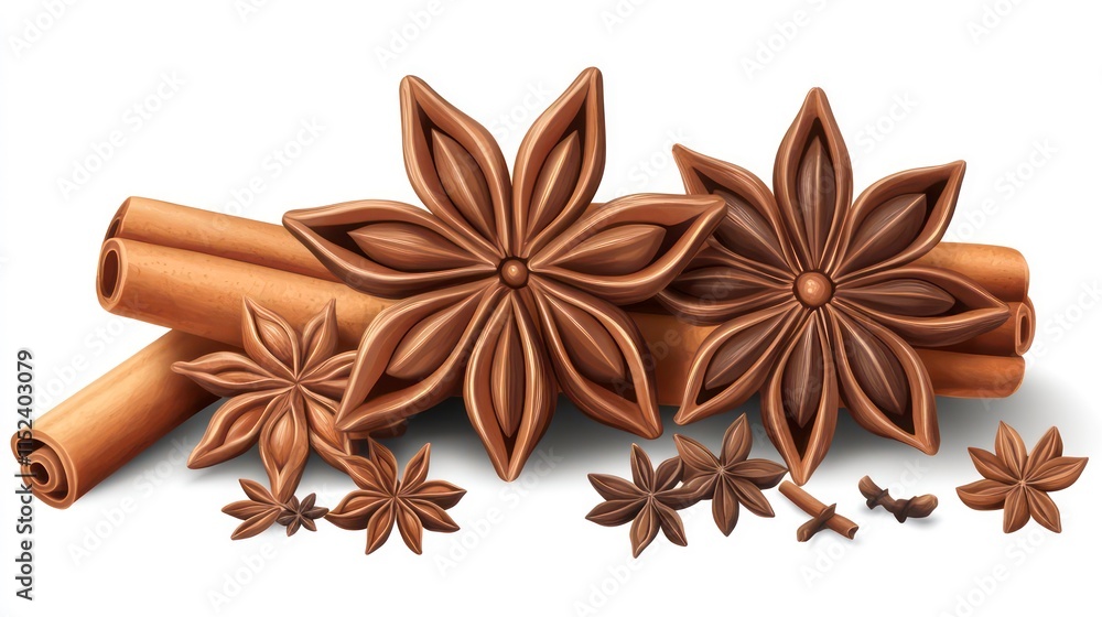 Close-up of cinnamon sticks and star anise spices. Close-up of cinnamon sticks and star anise spices.